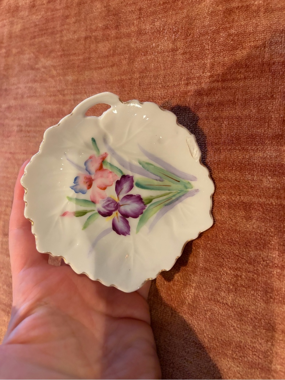 Vintage Japan Hand-Painted Floral Porcelain Trinket Dish — Purple & Pink Irises